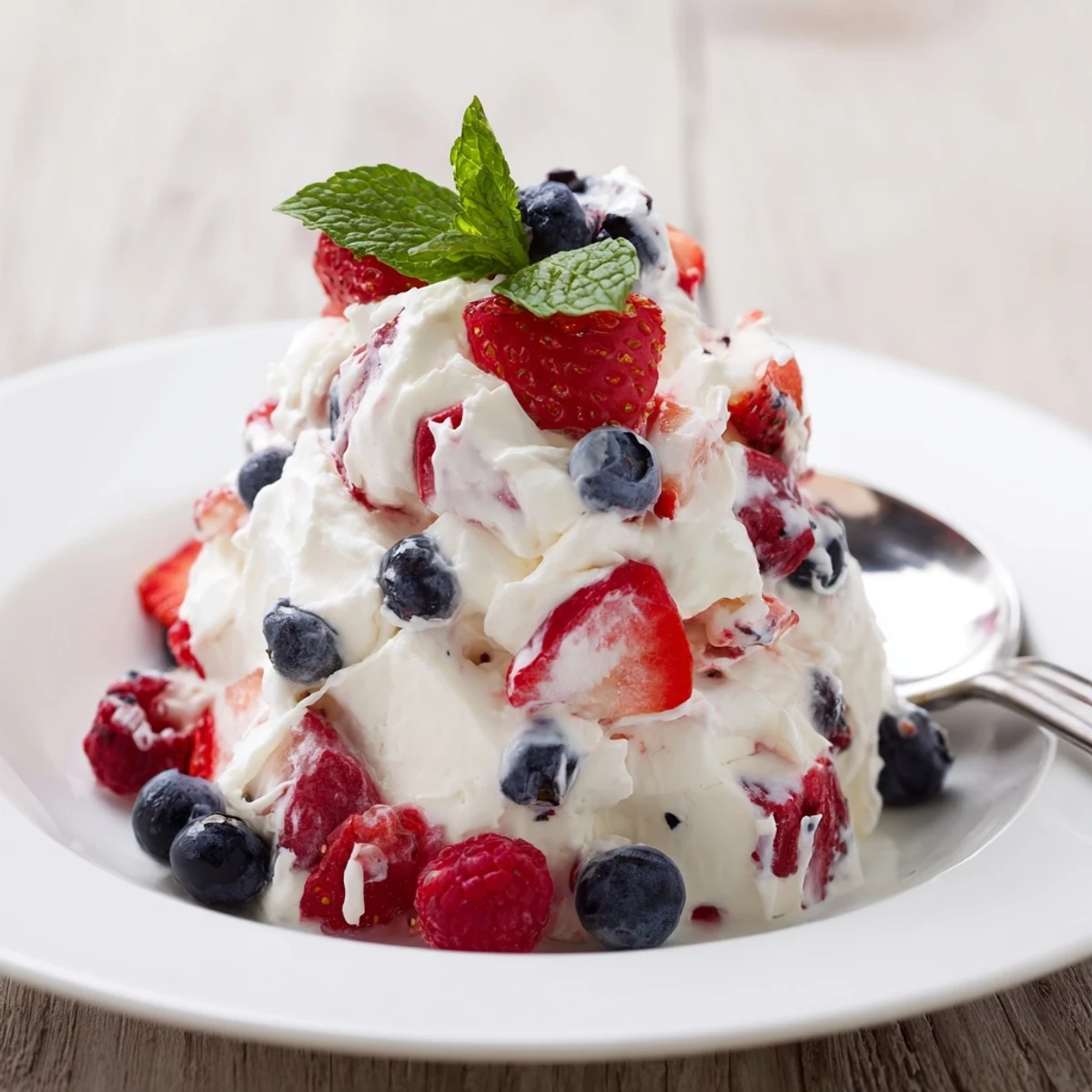 Red White Blue Cheesecake Salad with strawberries and blueberries, chilled and creamy