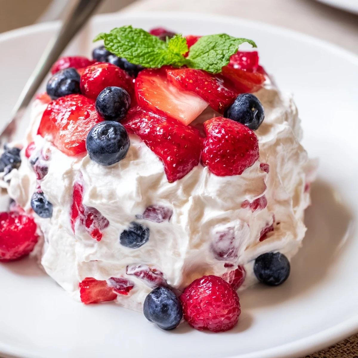 Chilled Red White Blue Cheesecake Salad served in a glass parfait for backyard barbecues