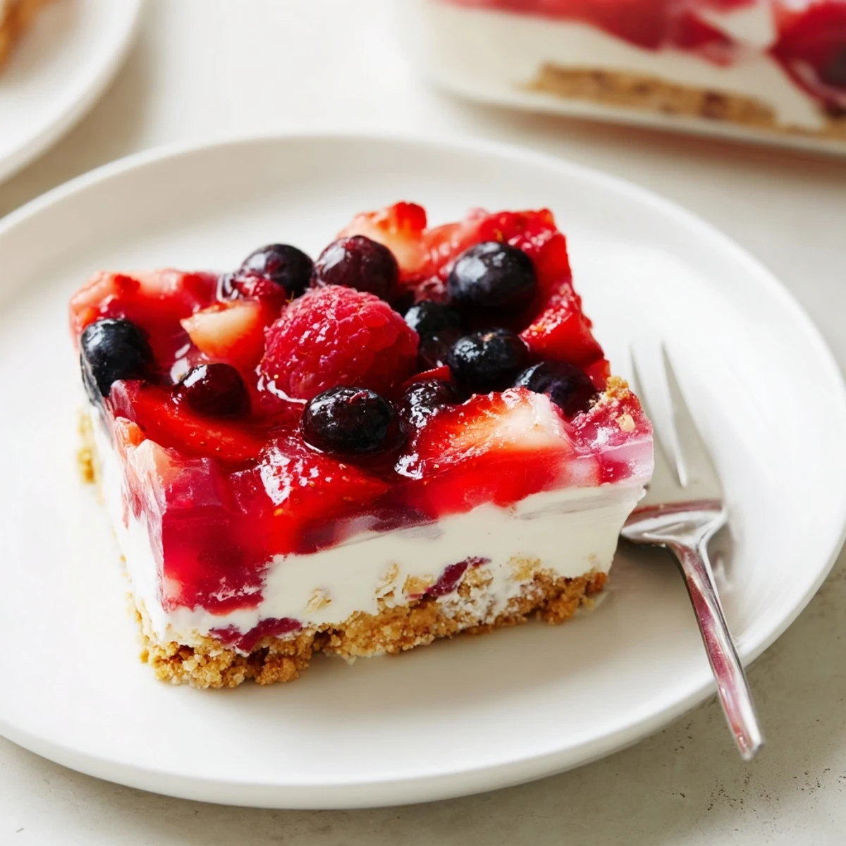 Summer Berry Jello Lasagna with creamy cheesecake layer, jiggly berry top  