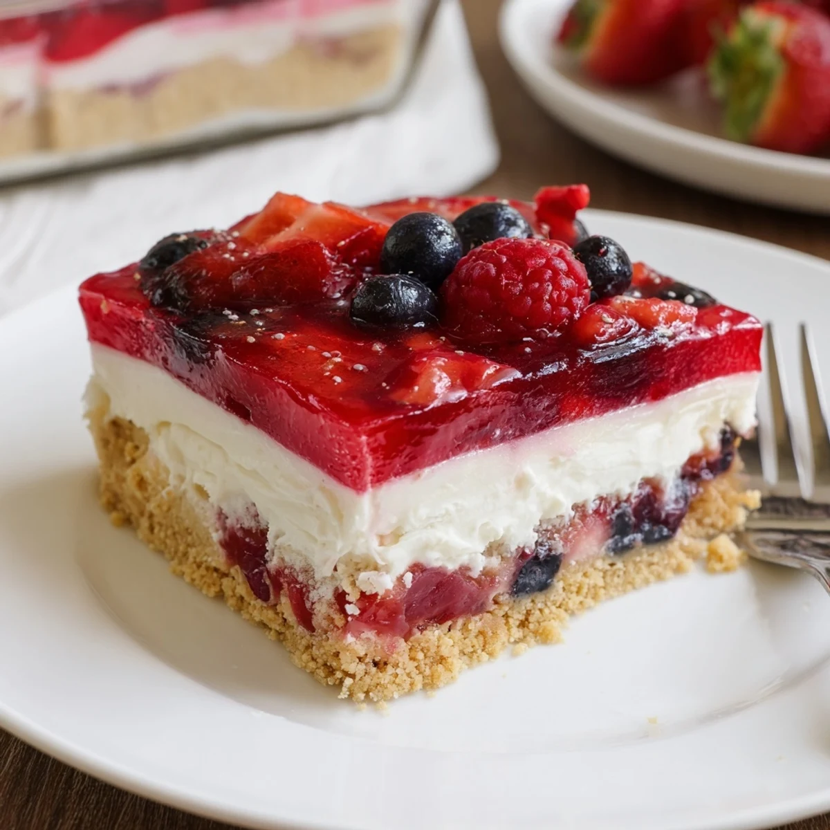 Cut square of Summer Berry Jello Lasagna showing graham crust, creamy, wobbly jello