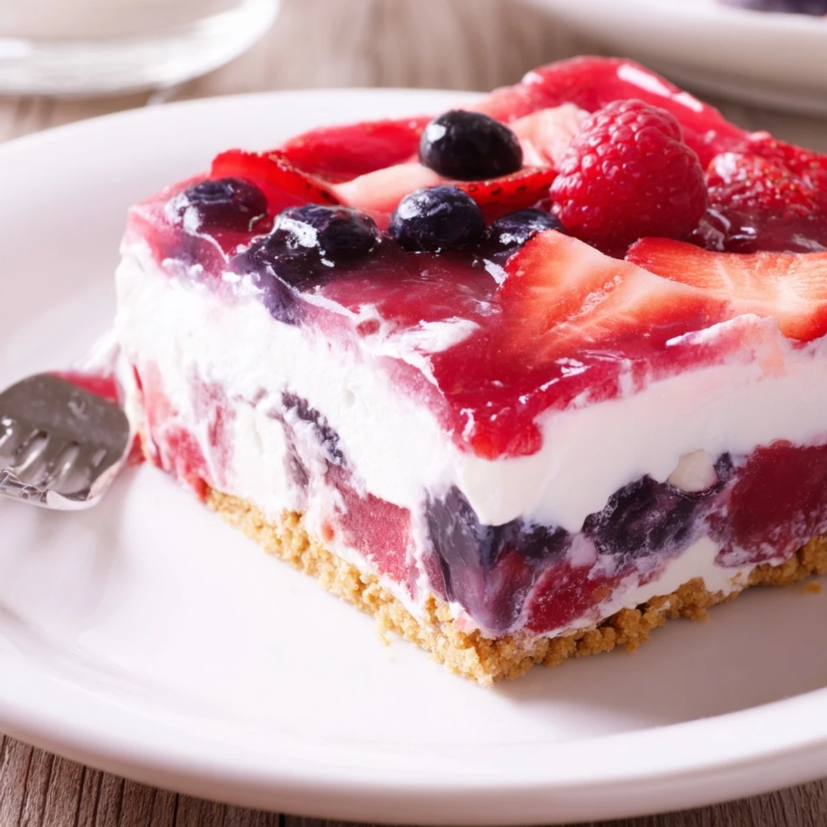 No-bake Summer Berry Jello Lasagna chilled in glass dish, garnished berries  