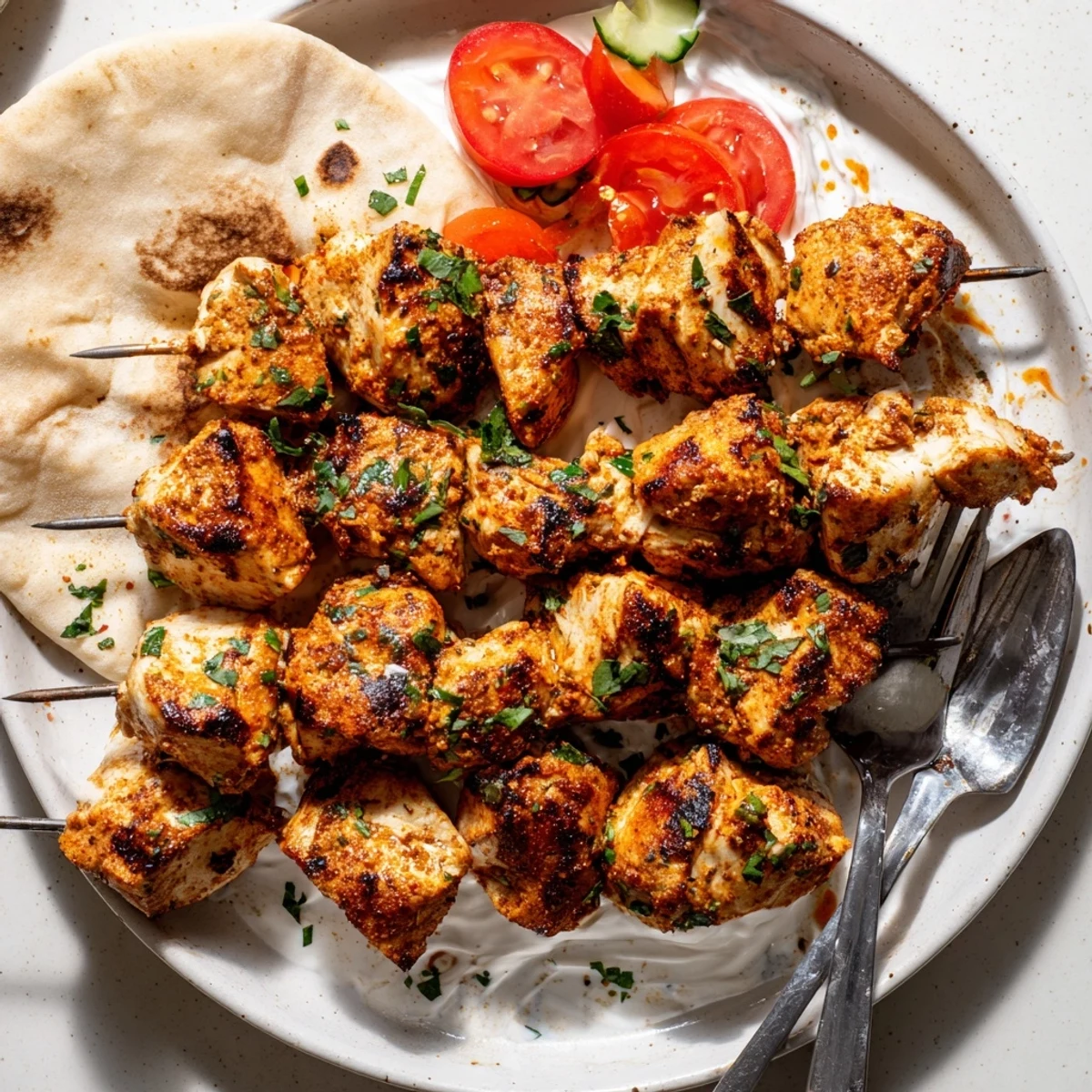 Juicy Chicken Shawarma Kebab skewers charred at edges, served with pita