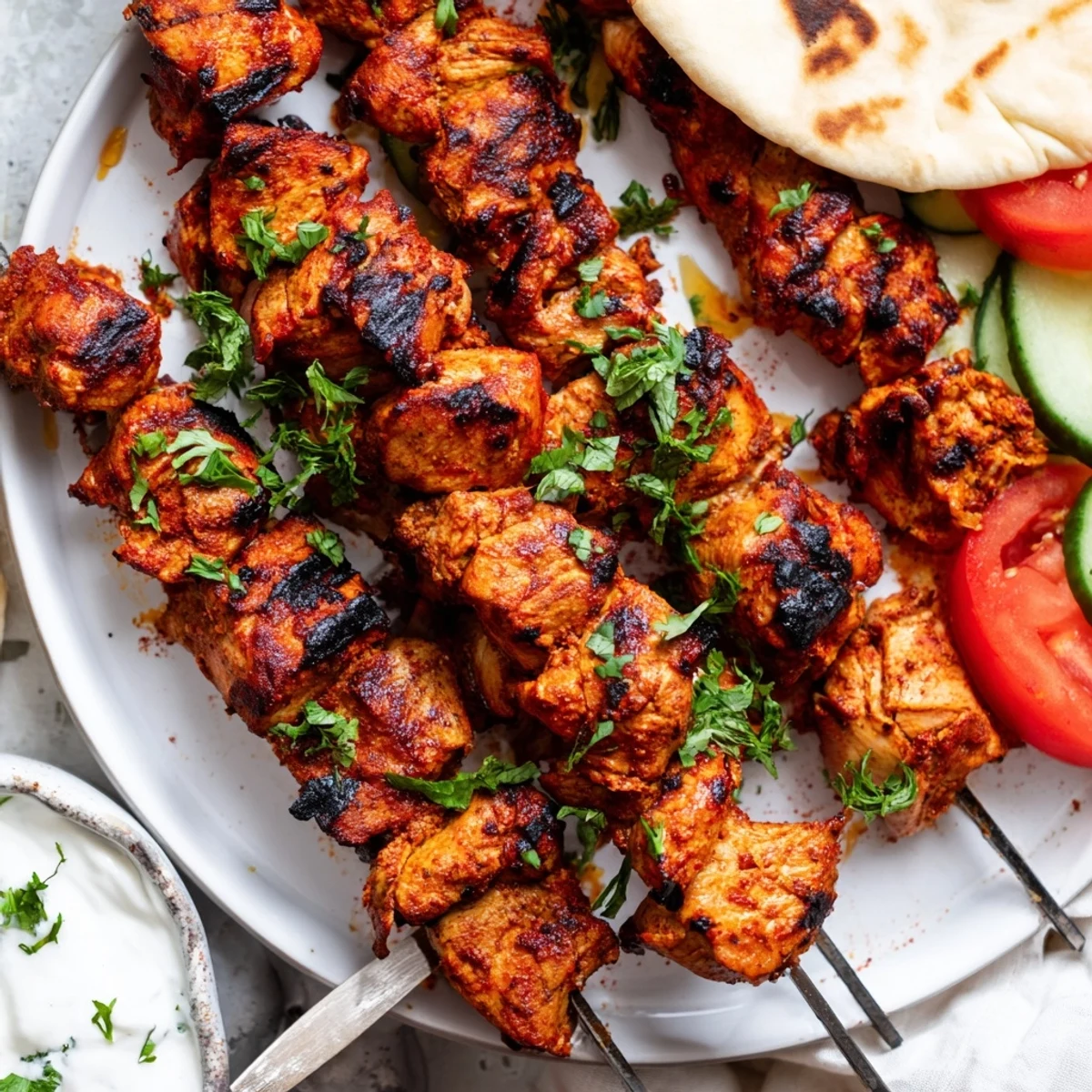 Sizzling Chicken Shawarma Kebab skewers, fragrant spices, lemony tang, garlic sauce drizzle
