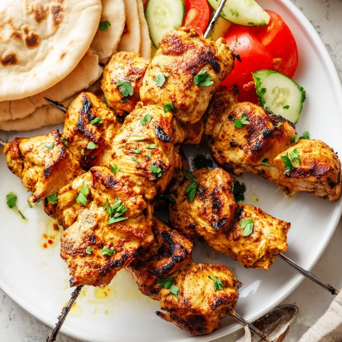 Marinated Chicken Shawarma Kebab resting on flatbread with fresh cucumber and herbs