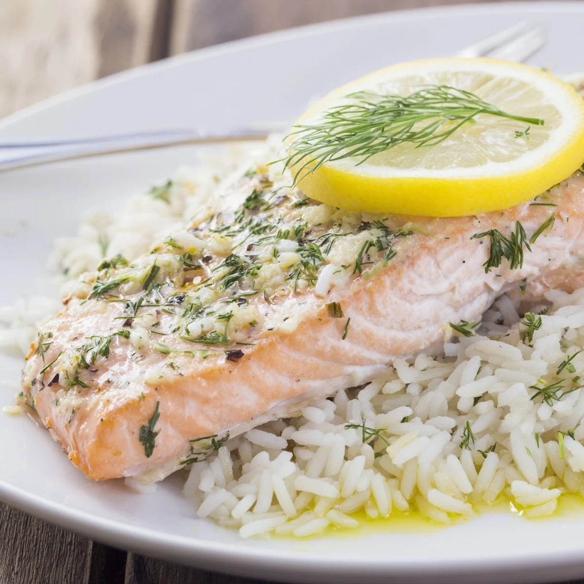 Baked Salmon and Dill Rice served warm, flaky salmon with bright lemon aroma.