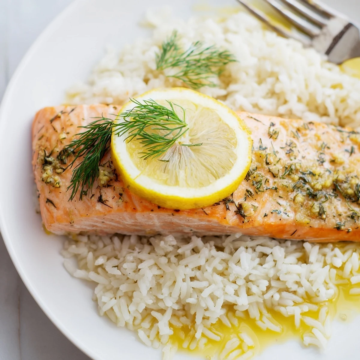 Sheet-pan aroma fills kitchen as Baked Salmon and Dill Rice rests briefly.
