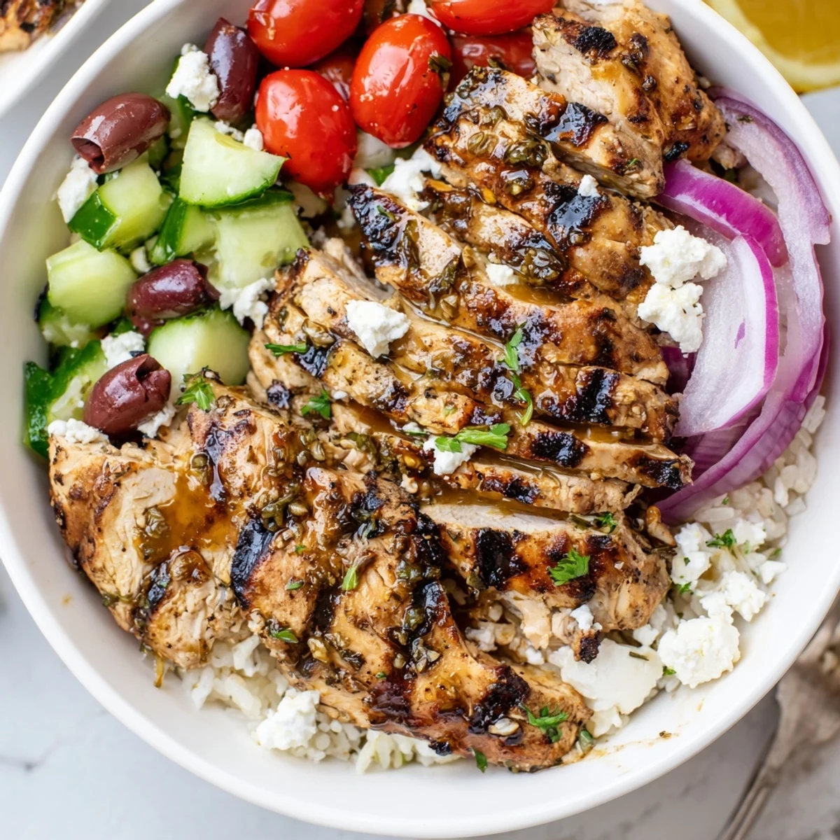 Weeknight Greek Chicken Bowls garnished with olives, parsley, warm pita on side