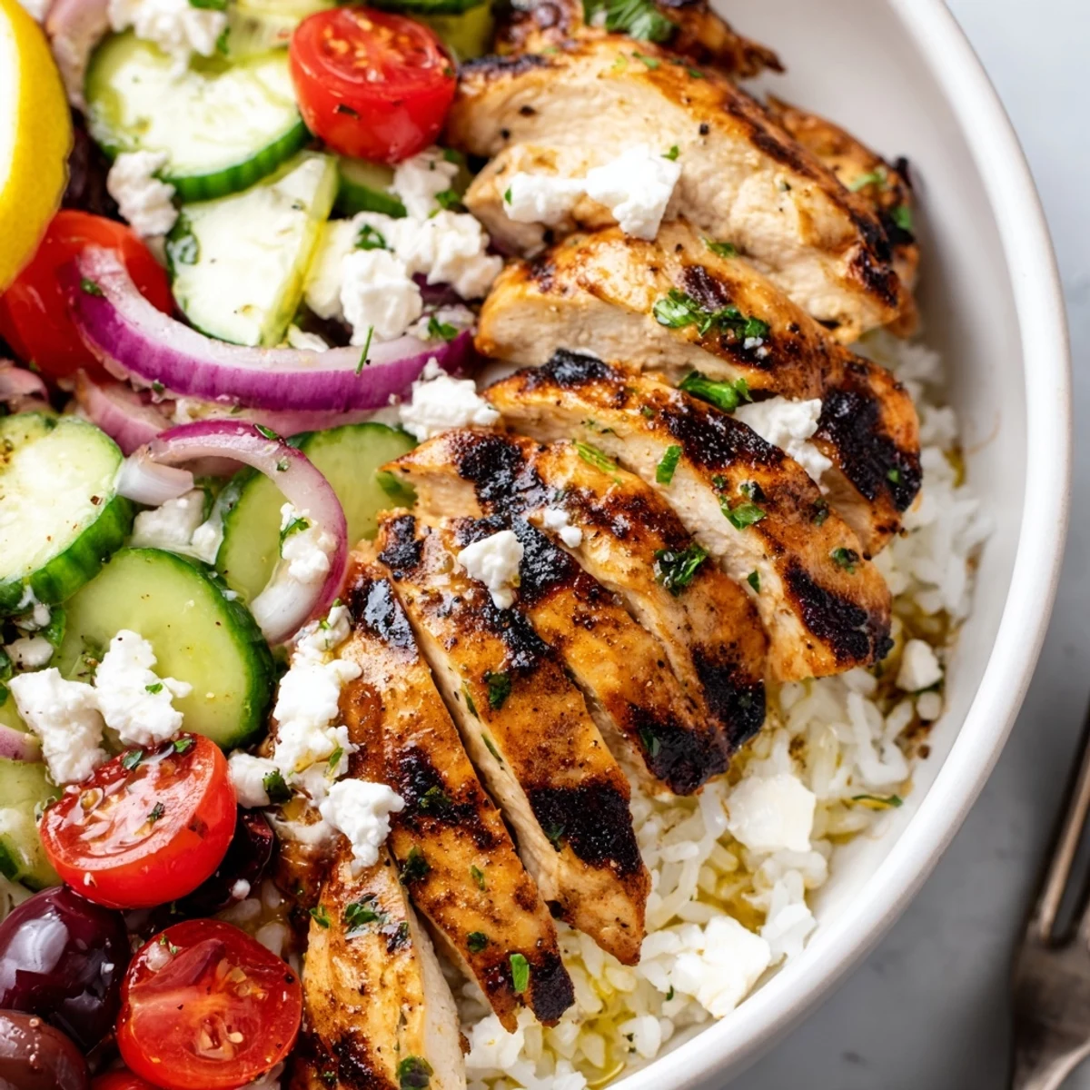 Greek Chicken Bowls with tender grilled chicken over fluffy rice, tangy feta