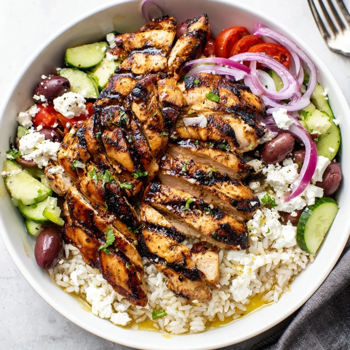 Bright Greek Chicken Bowls drizzled with lemon-herb dressing, cucumbers, cherry tomatoes