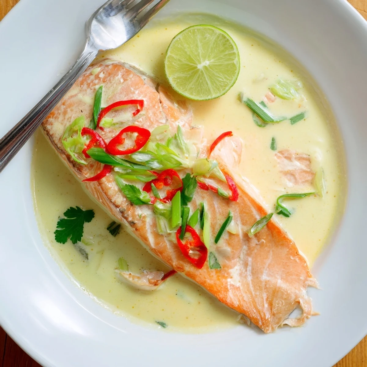 Poached Salmon in Coconut Lime Sauce resting in creamy, lime-scented coconut broth  