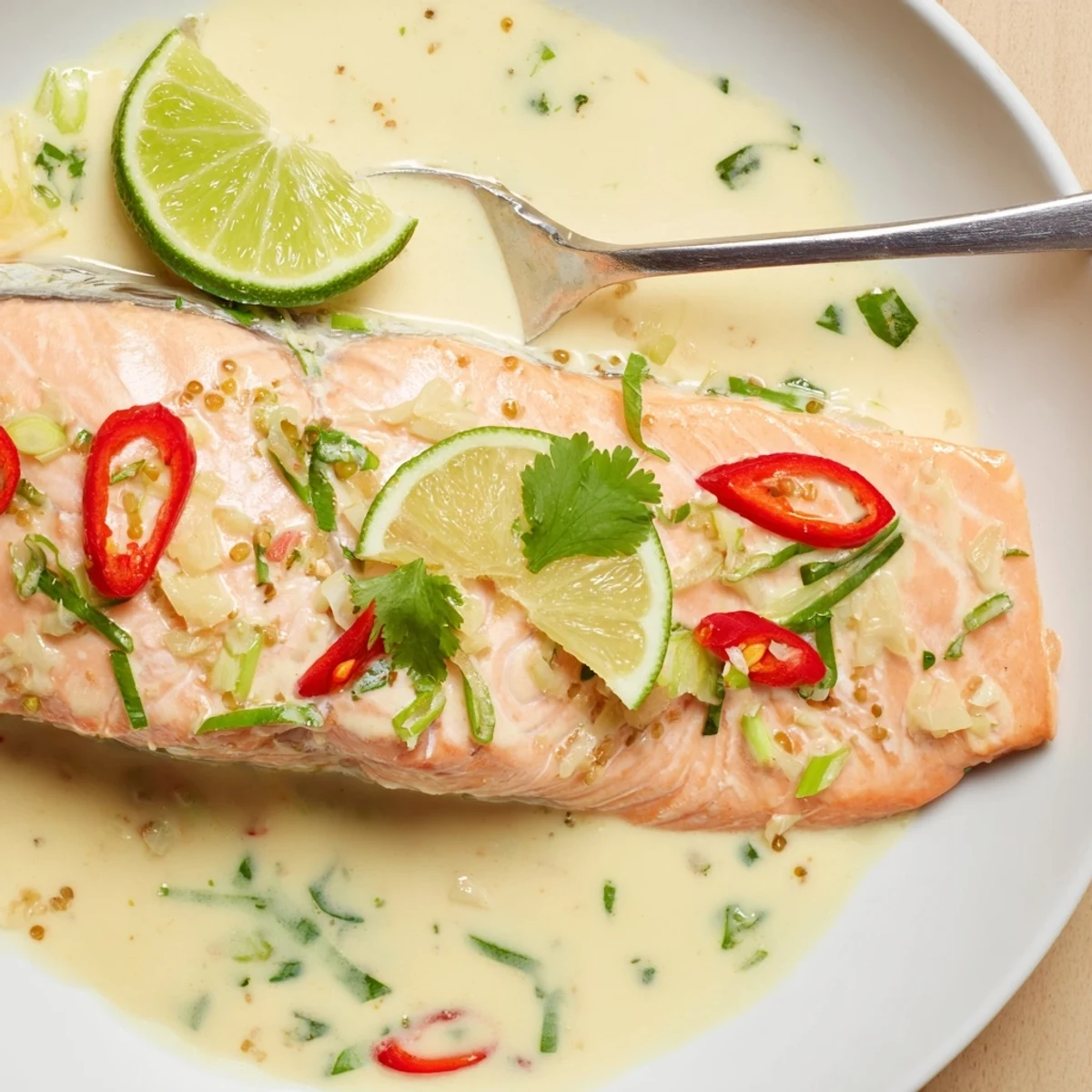Citrus-bright Poached Salmon in Coconut Lime Sauce on jasmine rice, garnished  