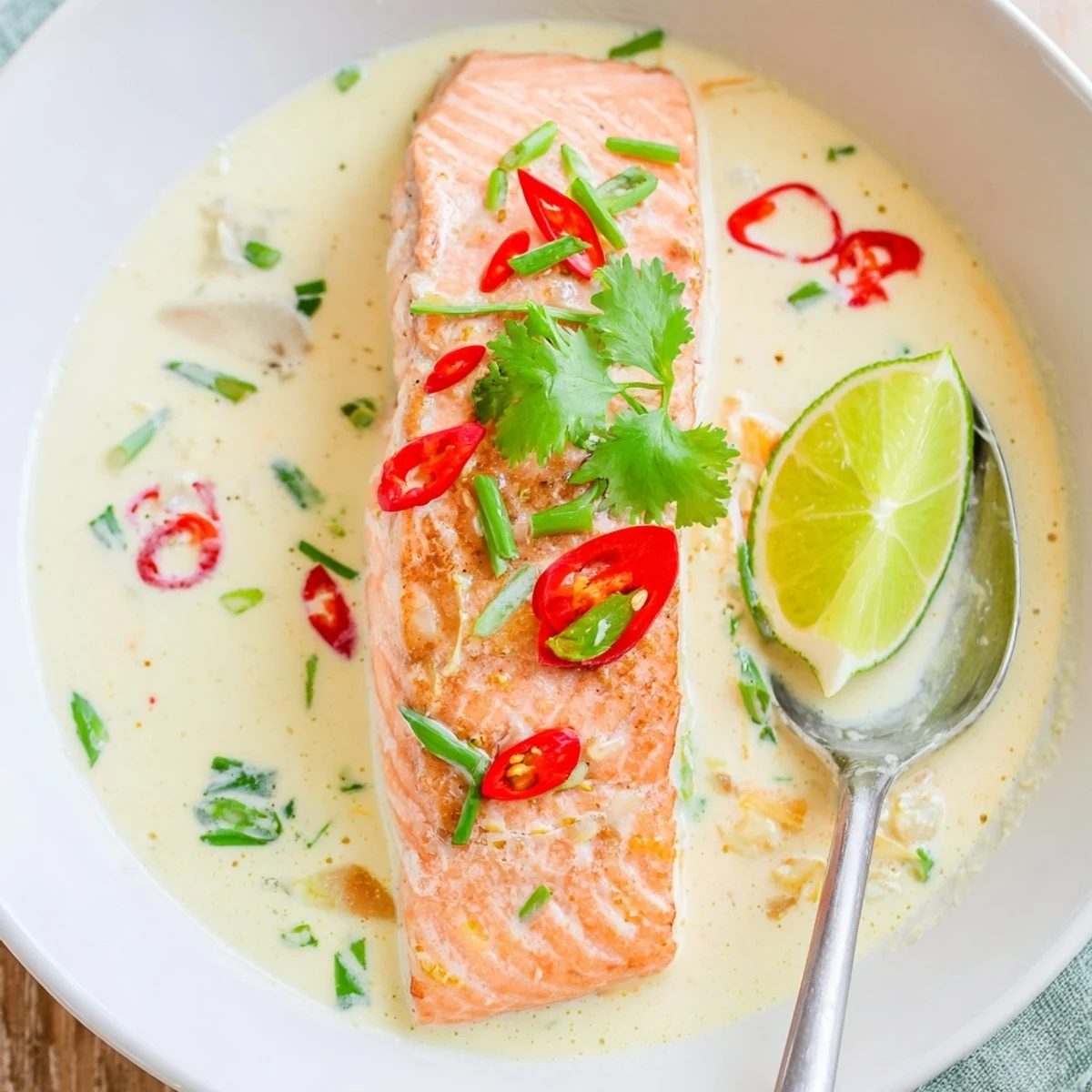 Moist Poached Salmon in Coconut Lime Sauce with spicy chili and lime wedges