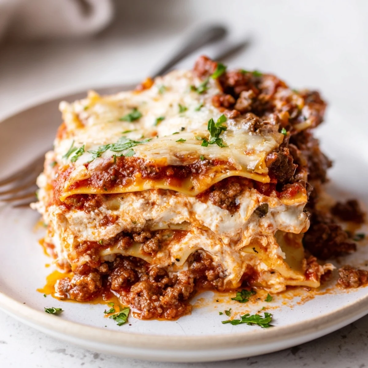 Easy Lasagna bubbling golden, layers of meat sauce and melted mozzarella  