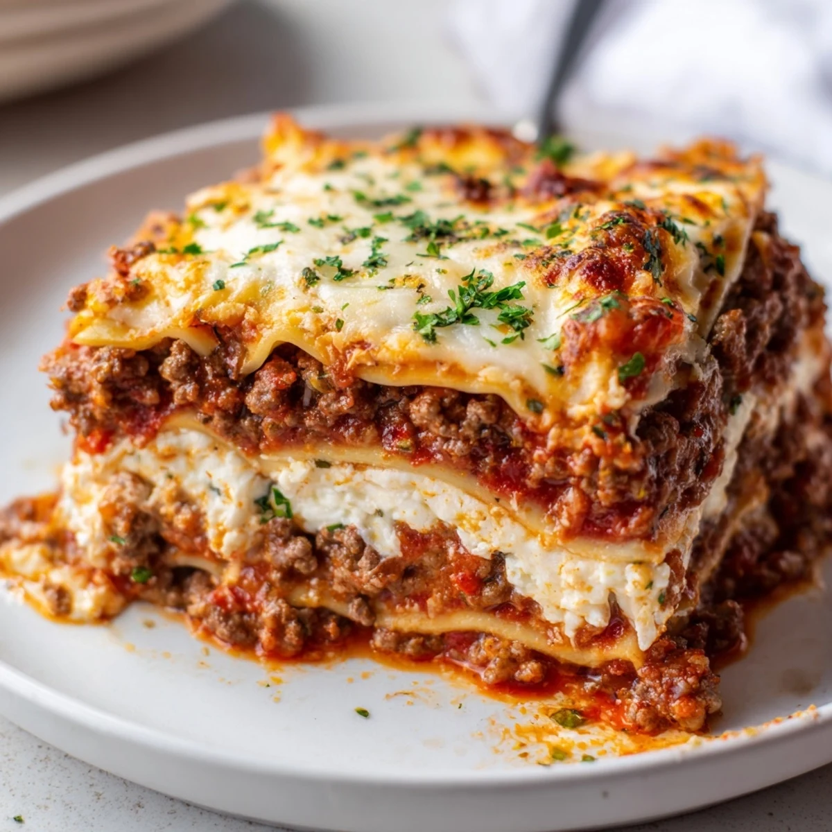 Easy Lasagna fresh from oven in baking dish, paired with crusty bread