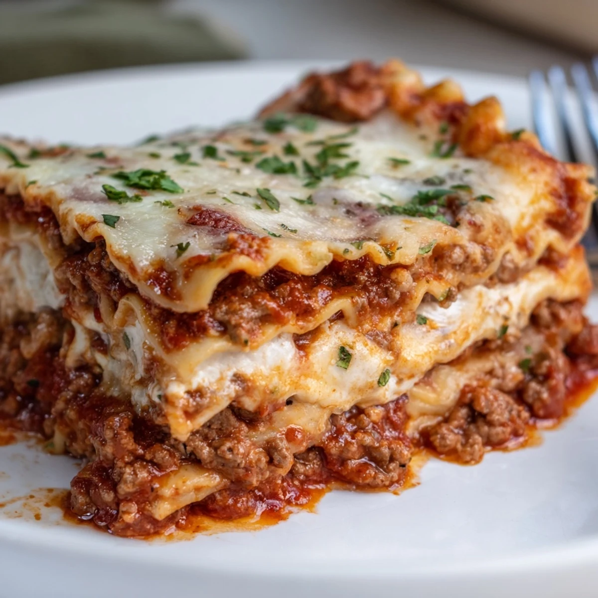 Sliced Easy Lasagna resting, creamy ricotta and savory beef aroma rising  