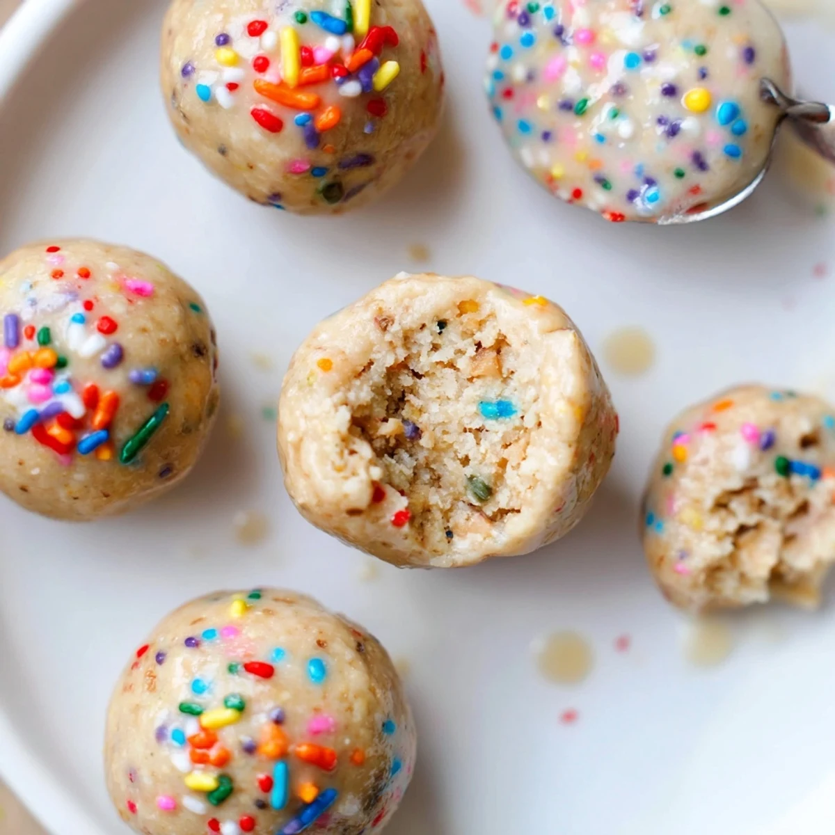 No Bake Cake Batter Protein Balls on parchment, soft, rainbow sprinkle studded snack