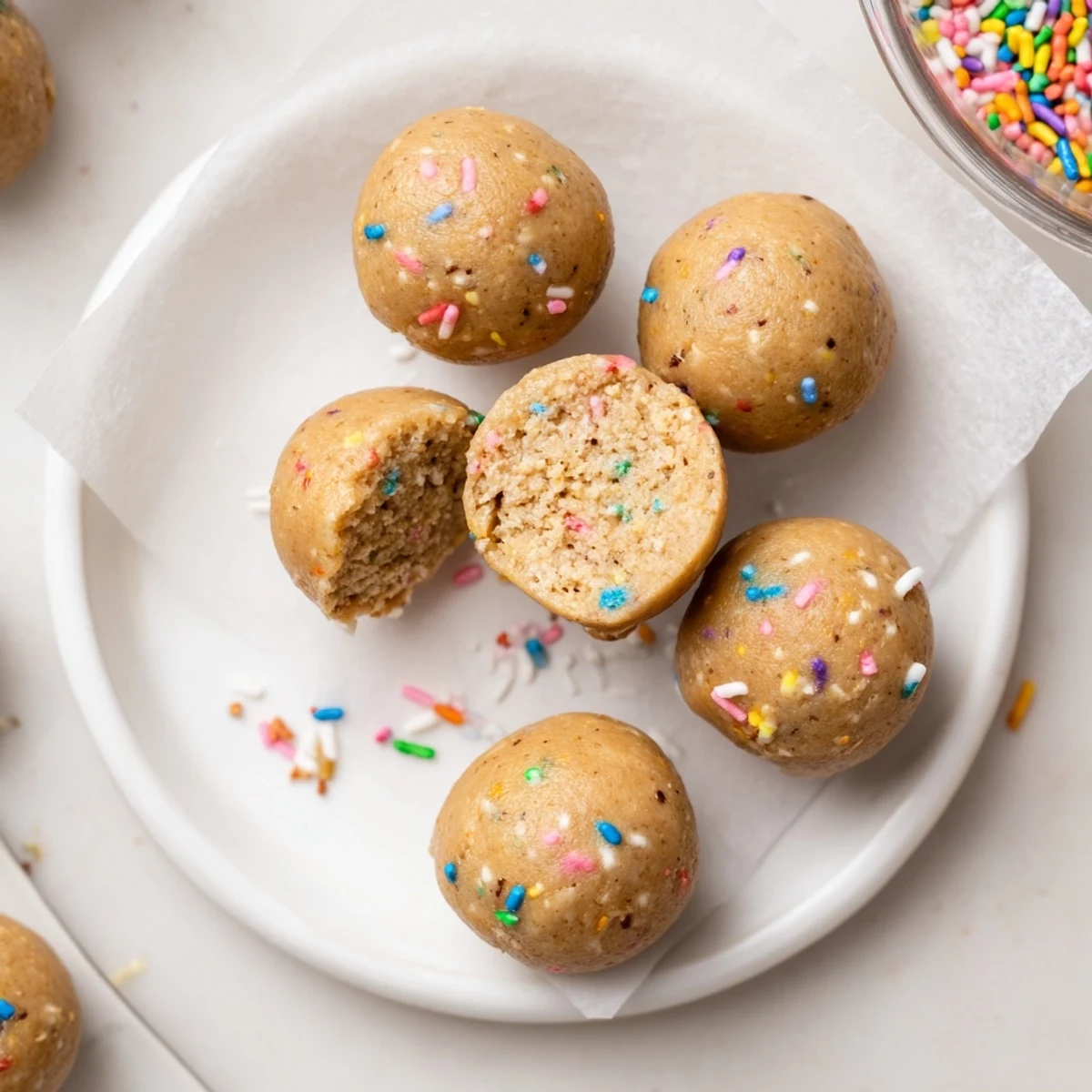 Chewy No Bake Cake Batter Protein Balls chilled, nutty almond butter, maple sweet