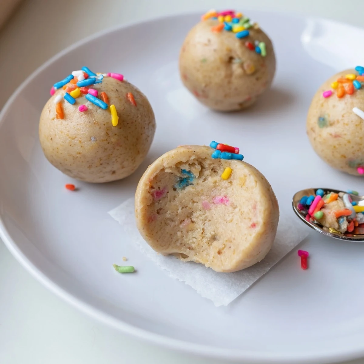 Post workout No Bake Cake Batter Protein Balls bite sized refrigerator chilled