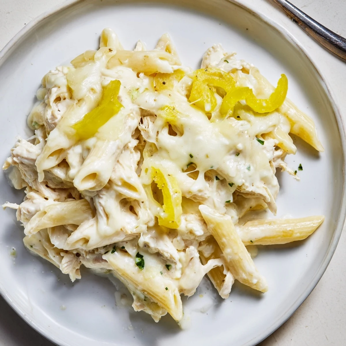 A bubbling, oven-browned casserole: Creamy Banana Pepper Chicken Alfredo Bake with tangy peppers  