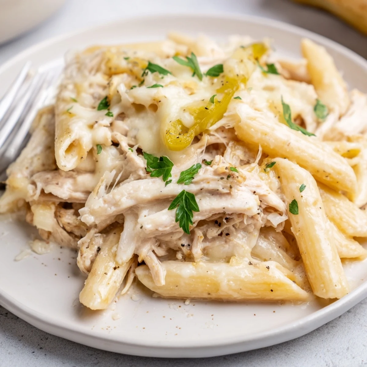 Creamy Banana Pepper Chicken Alfredo Bake bubbling with golden mozzarella and creamy sauce  