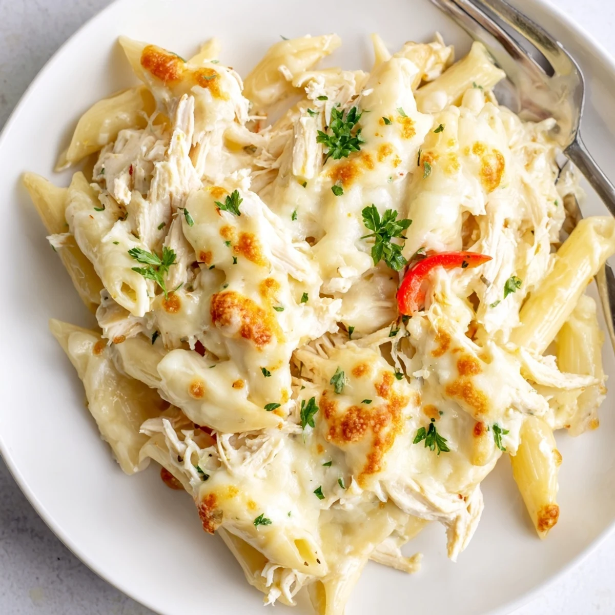 Hearty weeknight Creamy Banana Pepper Chicken Alfredo Bake served beside crisp garlic bread