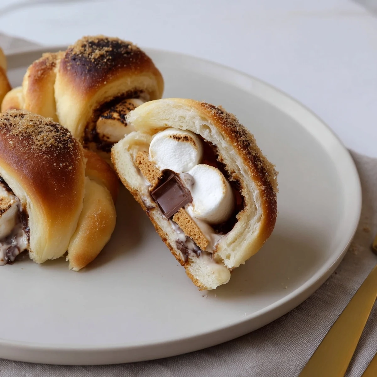 Smores Crescent Rolls arranged on sheet pan, buttery aroma, sprinkled graham crumbs