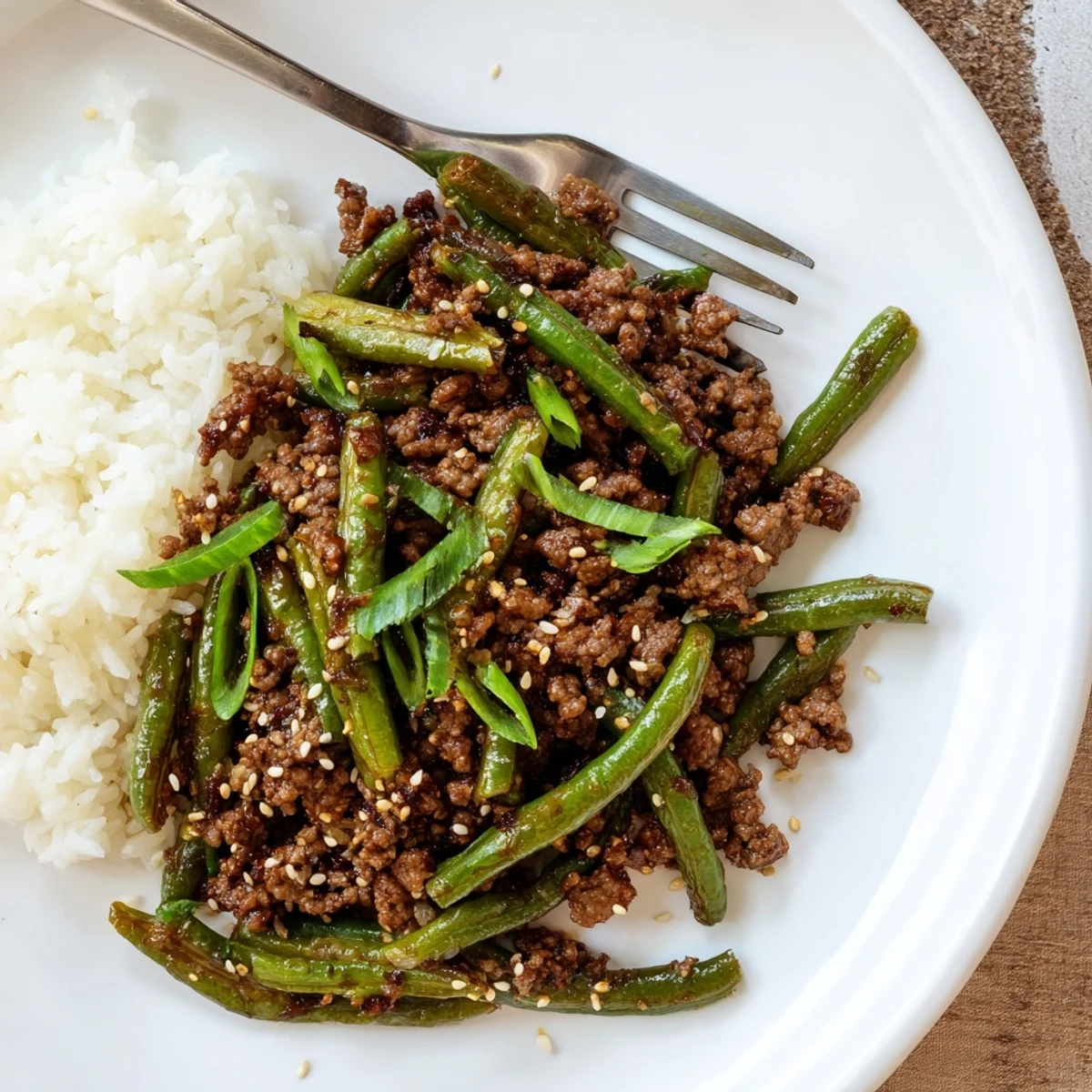 Fragrant Chinese Green Beans and Ground Beef, blistered beans, tender beef bites