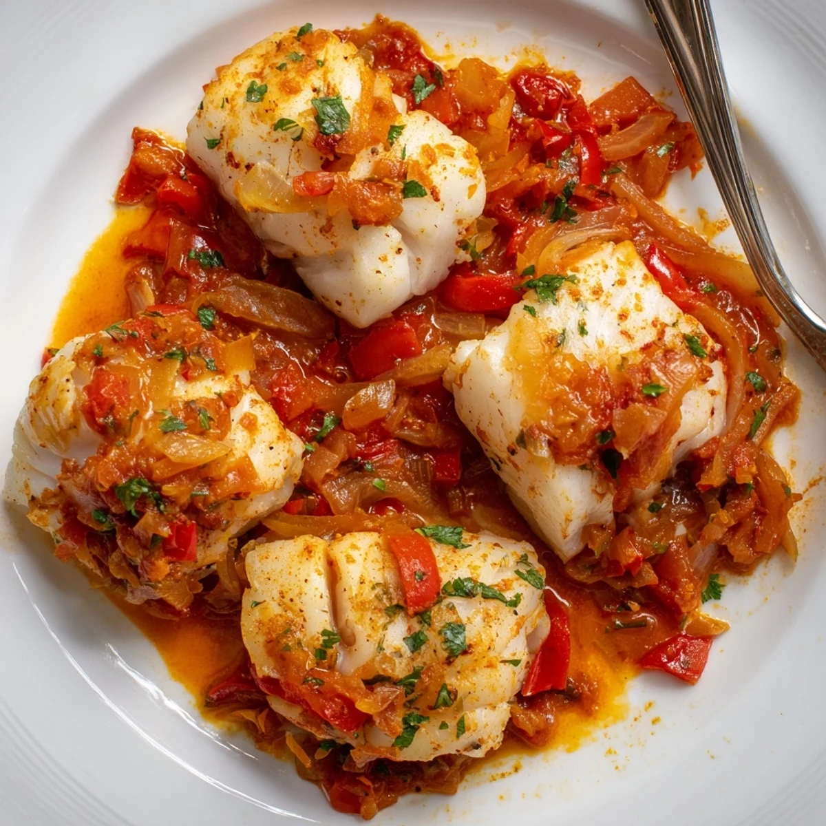 Spicy Moroccan Baked Fish steaming in tomato and pepper sauce, garnished with cilantro