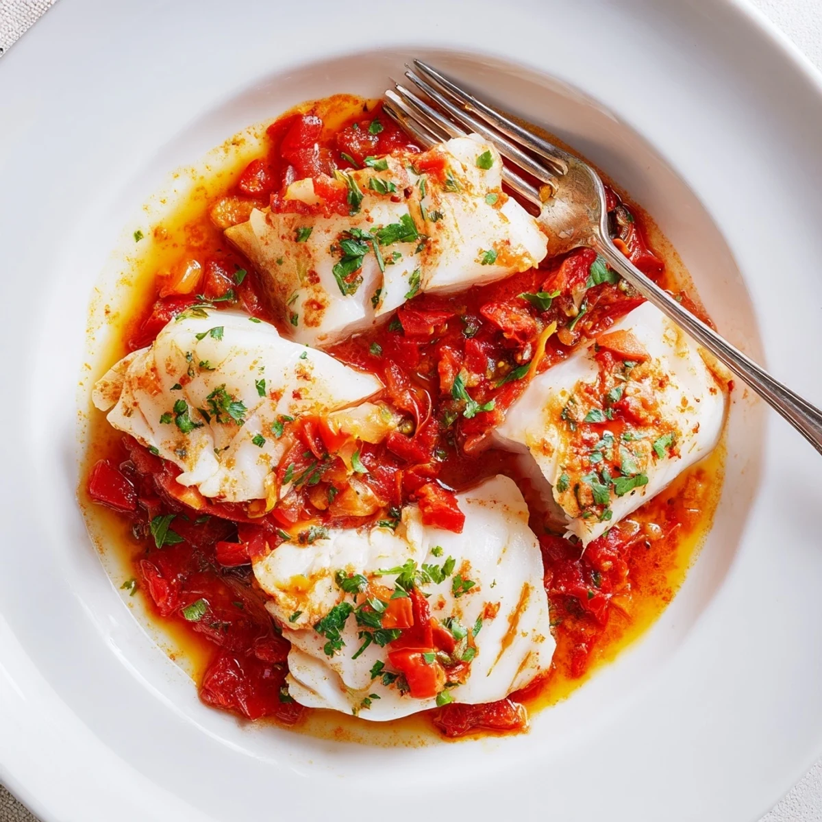 Oven baked Spicy Moroccan Baked Fish flaking tenderly over couscous, vibrant aroma