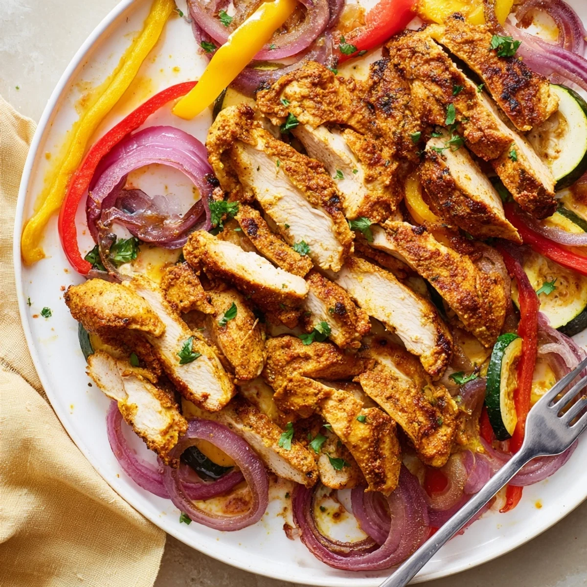 Sheet Pan Chicken Shawarma with charred edges, roasted peppers, fragrant lemon wedges