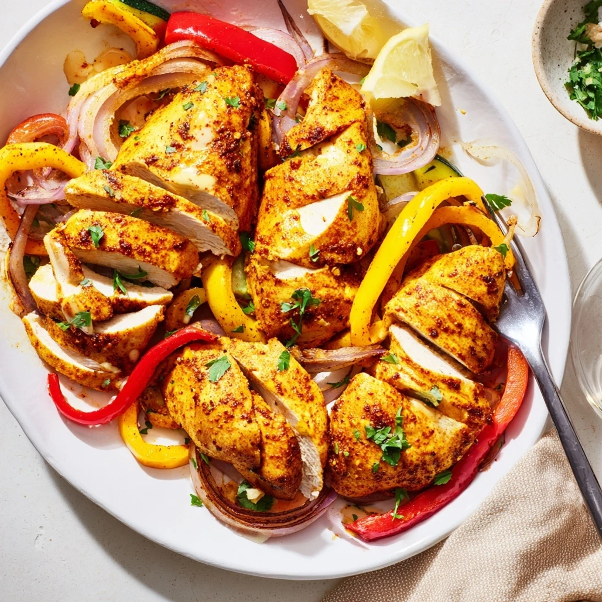 Family style Sheet Pan Chicken Shawarma served with warm pita and tahini