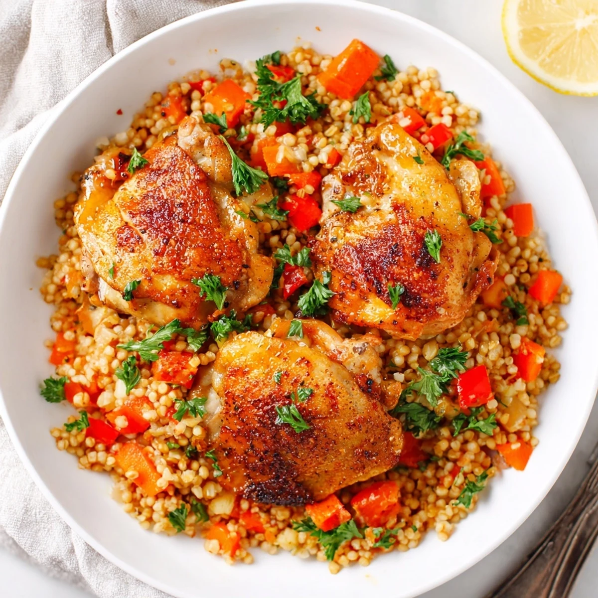 Chicken with Bulgur simmering in skillet, golden thighs atop fluffy seasoned grain