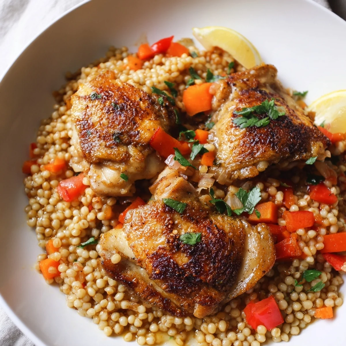 Pan of Chicken with Bulgur studded with tomatoes, carrots, and parsley
