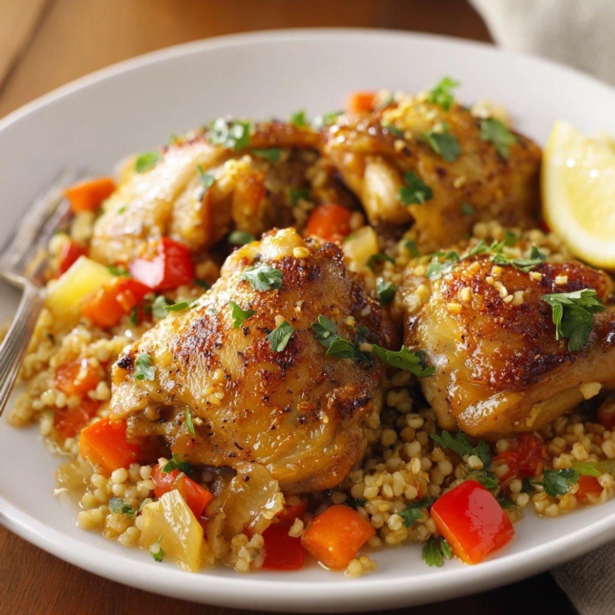 Warm Chicken with Bulgur plated with lemon wedge, fragrant cumin and paprika