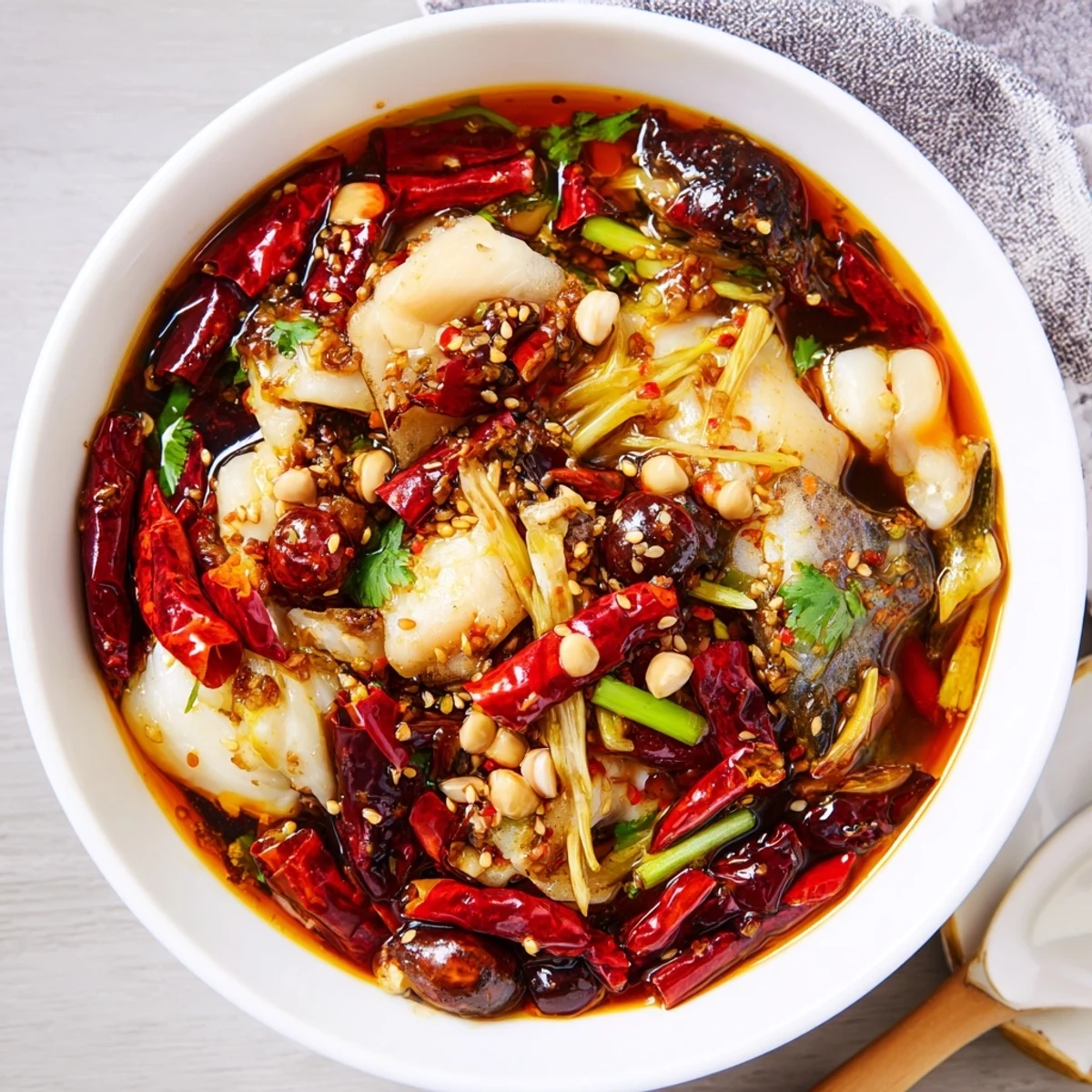 Bowl of Sichuan Spicy Fish with tender white fillets and fragrant broth