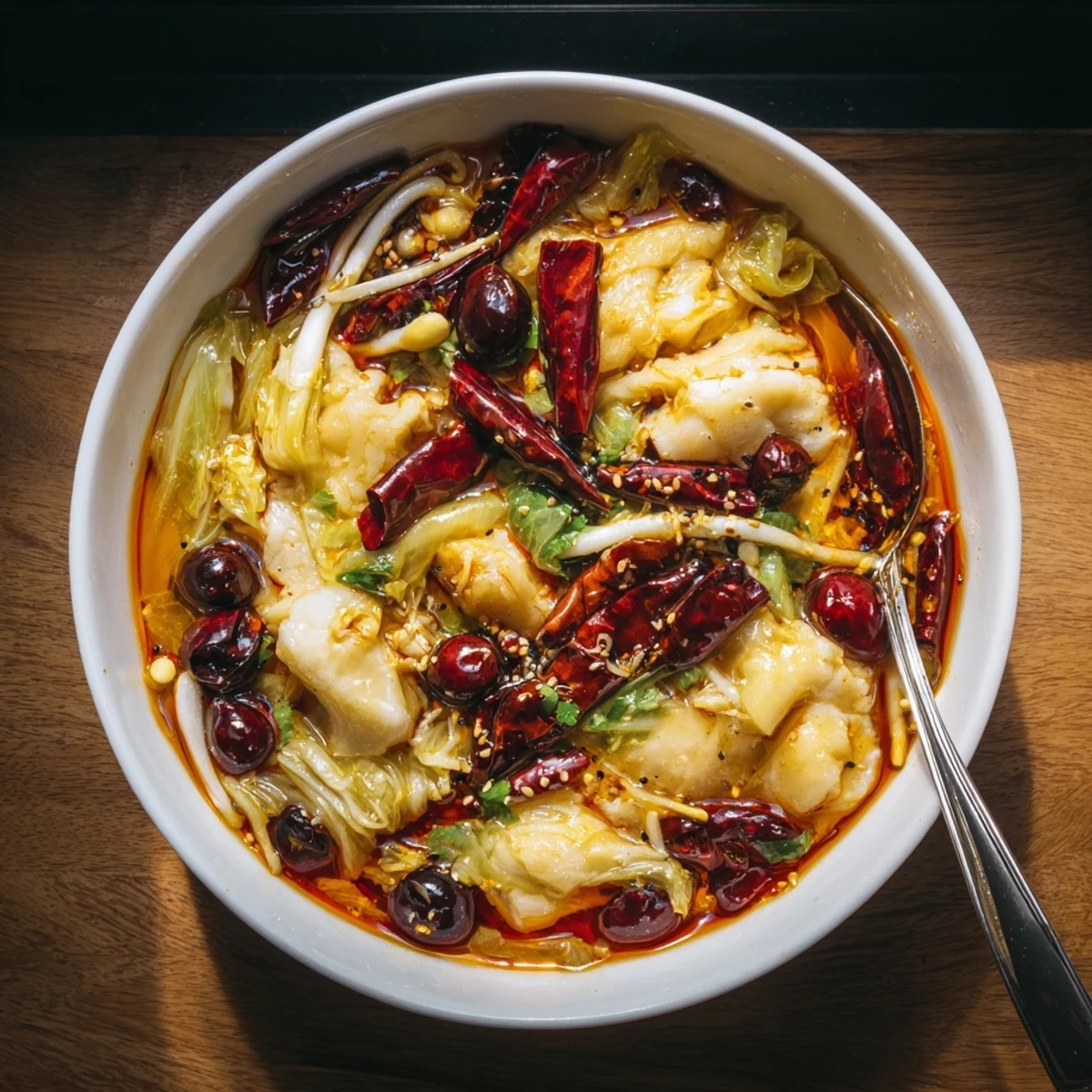 Sichuan Spicy Fish steaming in bowl, red chili oil shimmering, cilantro garnish
