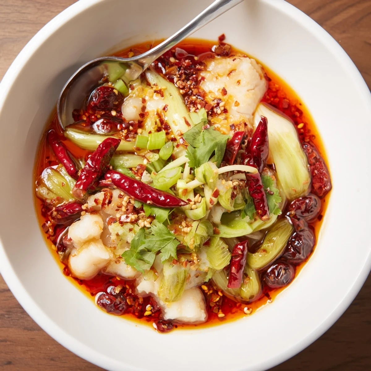 Sichuan Spicy Fish served with jasmine rice, numbing peppercorns visible