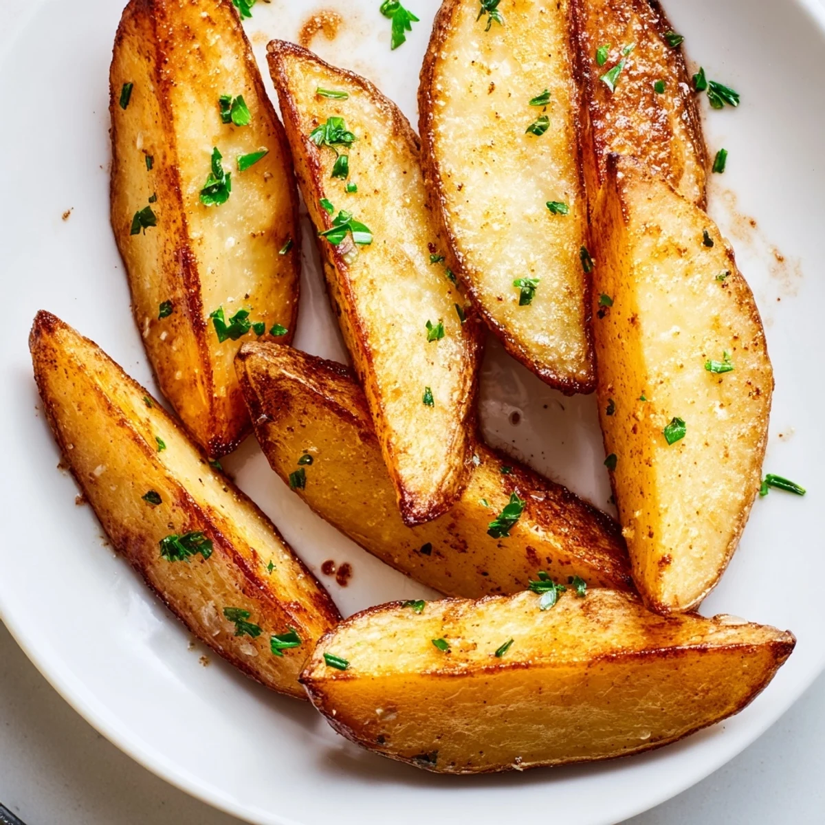 Oven-baked Potato Wedges, golden crisp edges, fluffy interior, sprinkled parsley.  