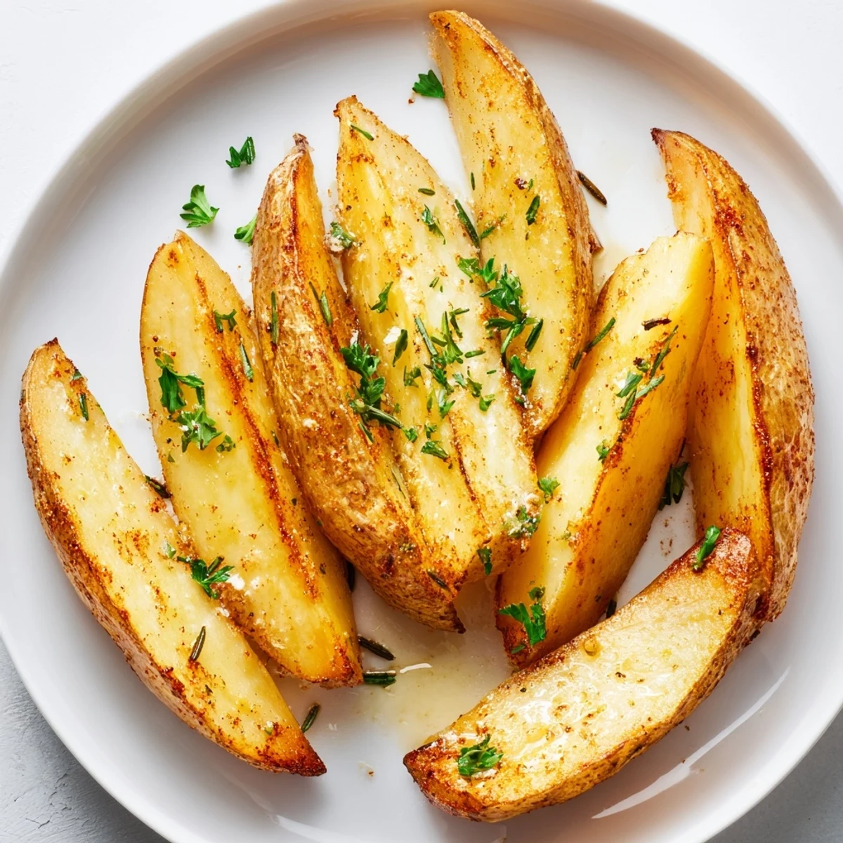 Seasoned Potato Wedges on parchment, oven-baked, ready with ketchup.  