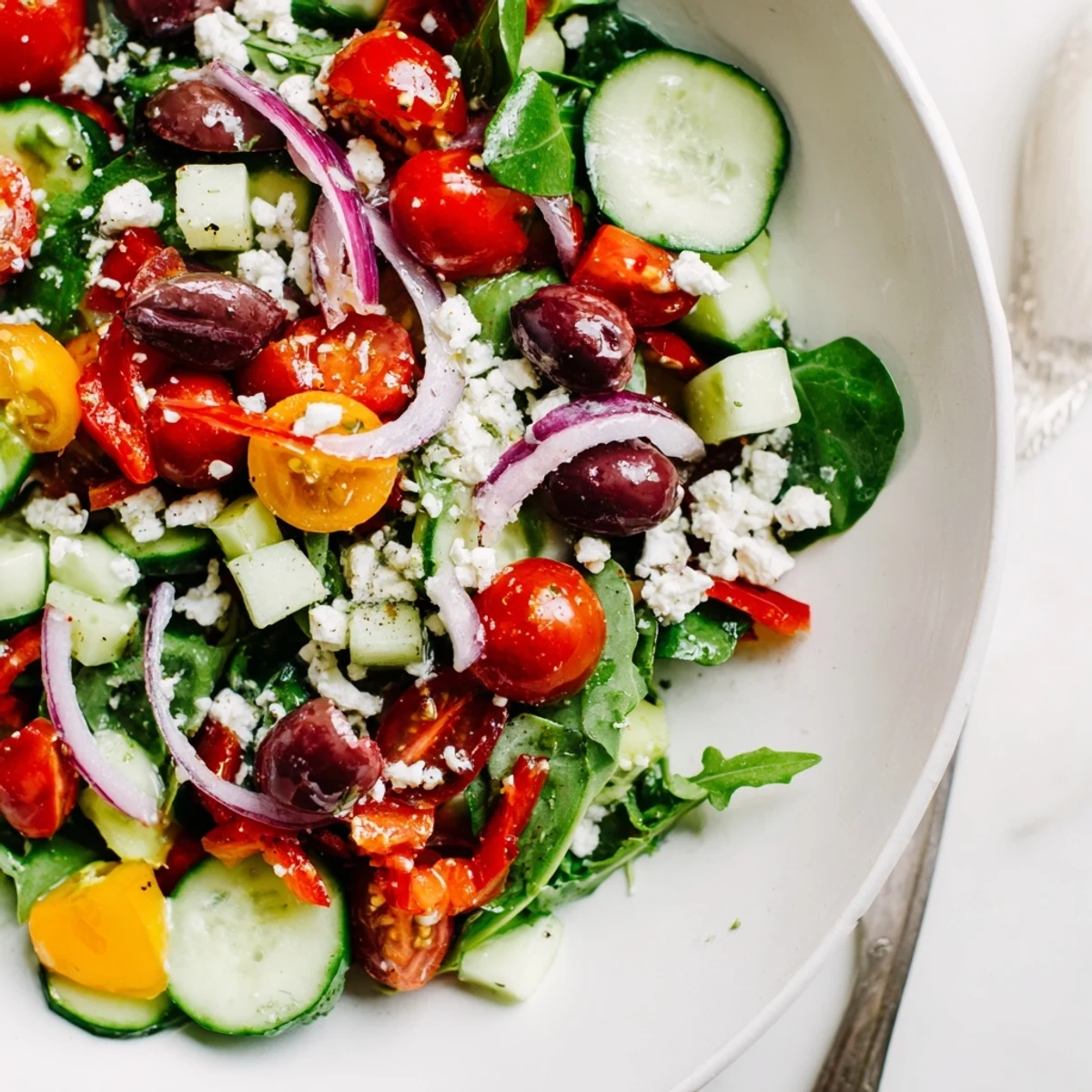 Colorful Fresh Salad Recipe featuring arugula, feta crumbles, tangy Dijon honey vinaigrette.