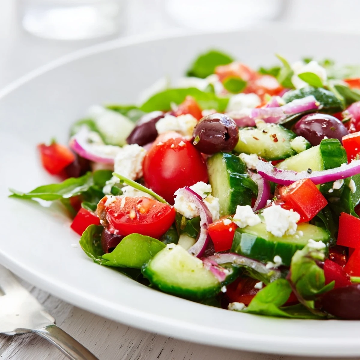 Easy Fresh Salad Recipe tossed in olive oil and lemon, ready to serve.