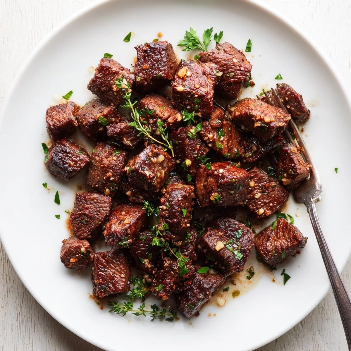 Pan-seared Garlic Butter Steak Bites tossed with parsley, served with crusty bread  