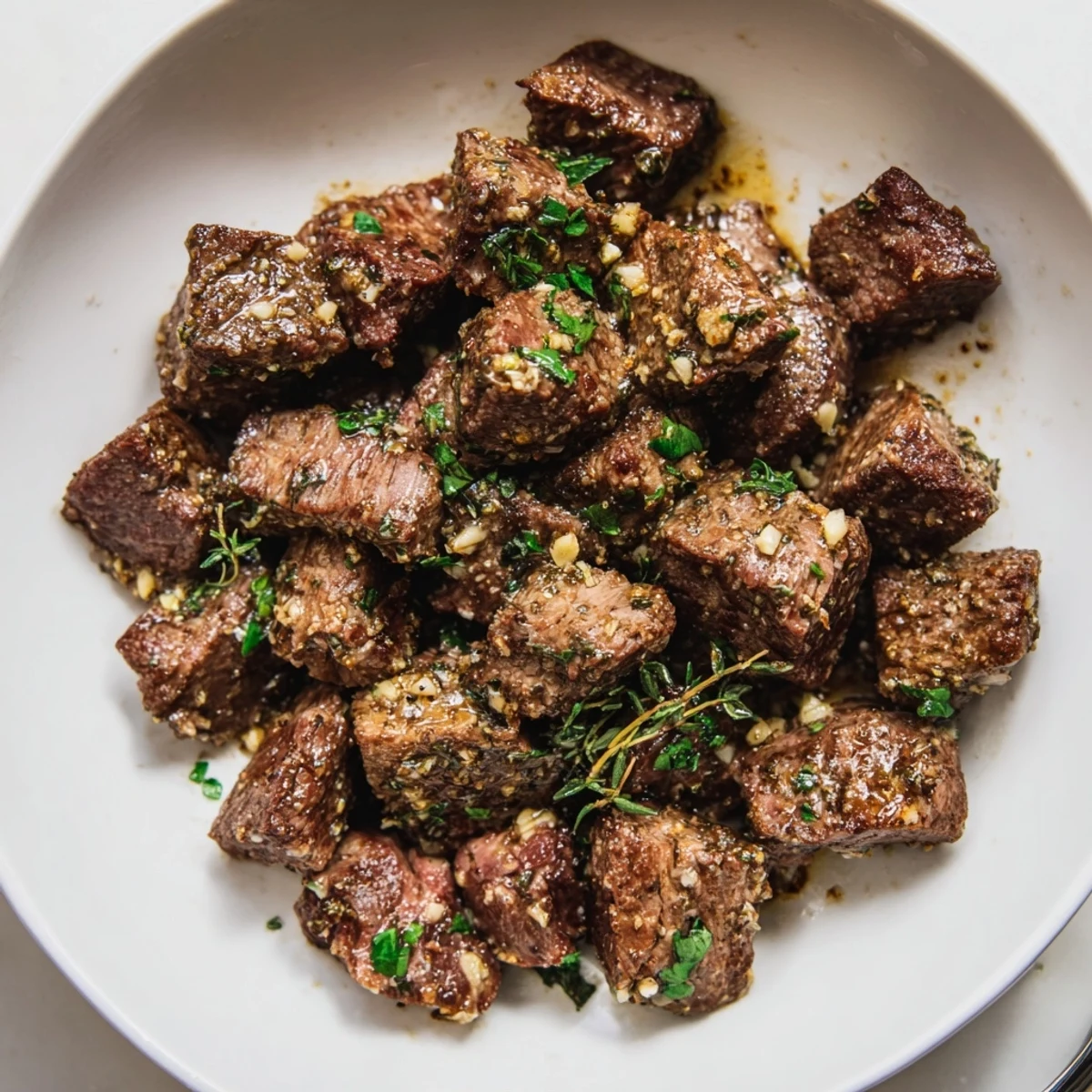 Sizzling Garlic Butter Steak Bites in cast-iron, browned crust and glossy butter  