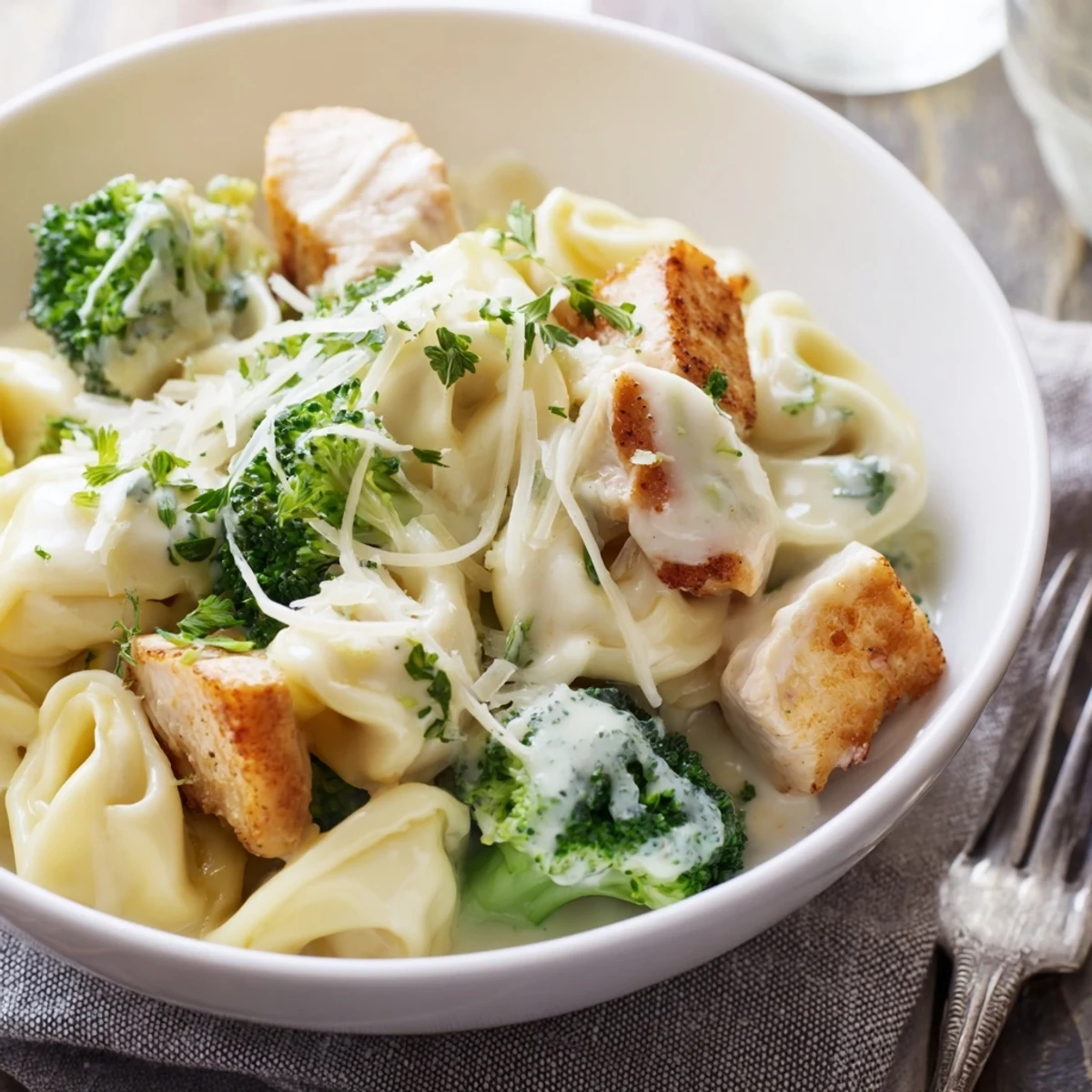 Creamy Garlic Parmesan Tortellini Chicken Broccoli Recipe plated beside crusty bread and extra Parmesan