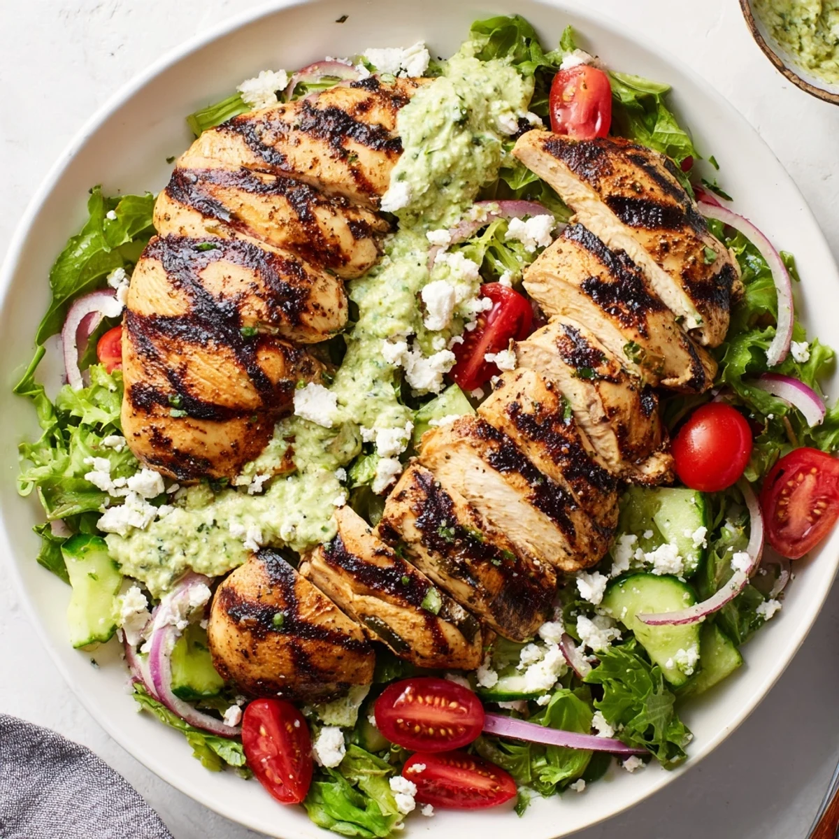 Grilled Chicken Salad with avocado herb dressing, sliced warm chicken over greens.