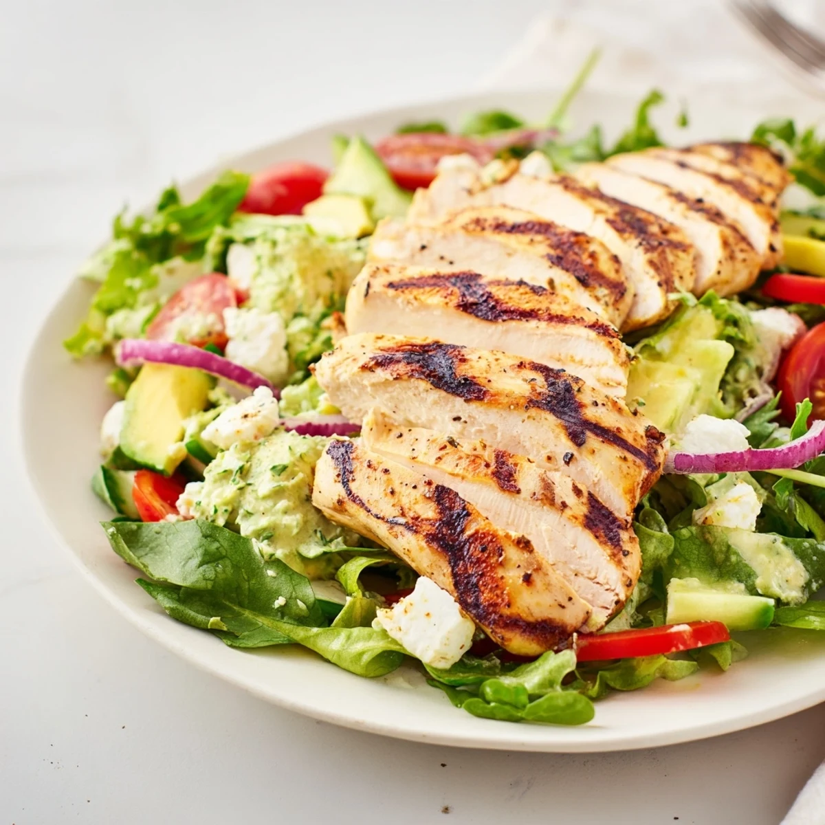 Citrusy Grilled Chicken Salad and creamy avocado herb dressing, served with lime.