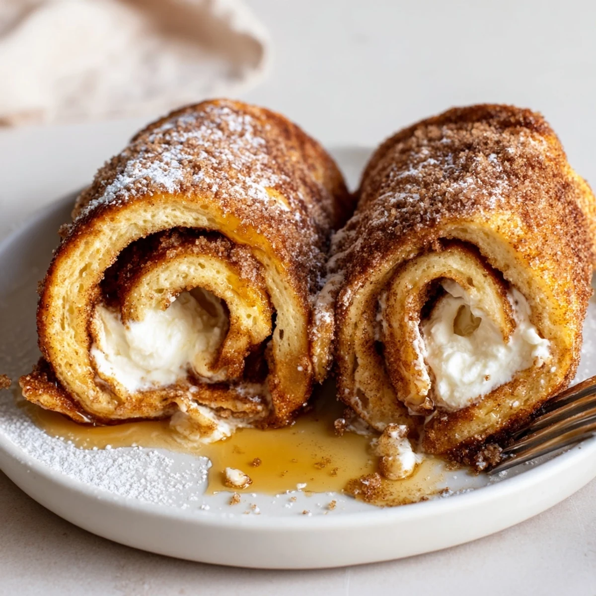 Cinnamon Roll French Toast Roll Ups with golden cinnamon-sugar crust and cream cheese filling