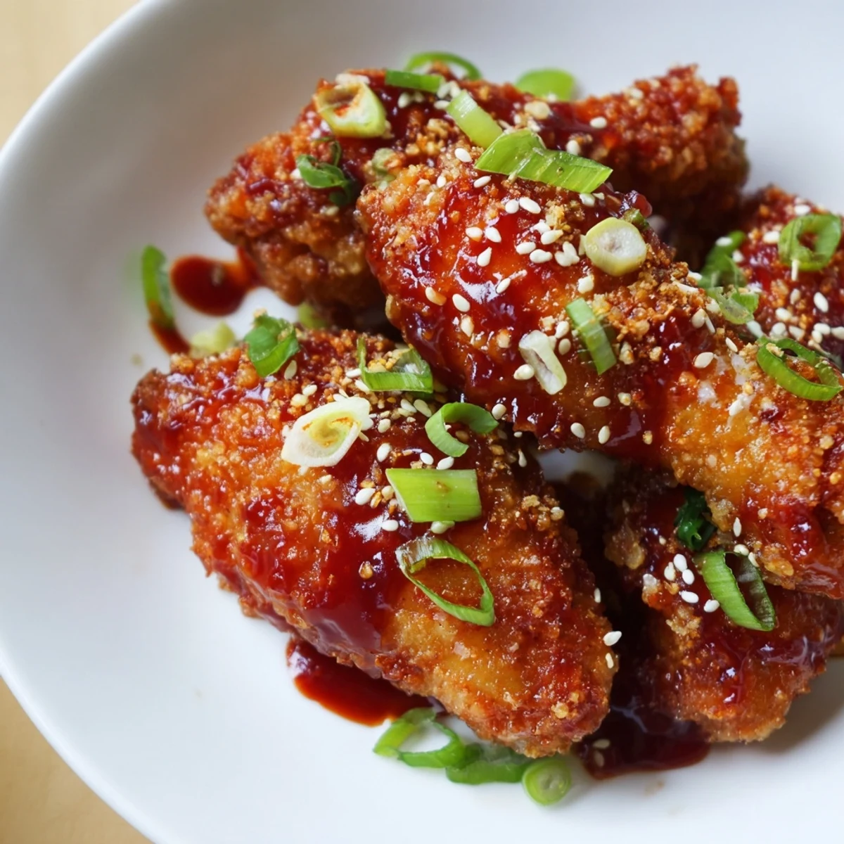 Korean Fried Chicken piled on platter, glossy spicy glaze glistening, sesame seeds sprinkled