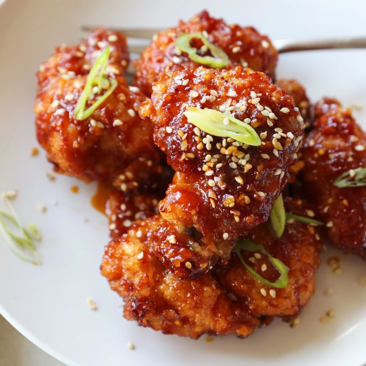 Bowl of Korean Fried Chicken, crunchy golden pieces tossed in sticky, tangy sauce