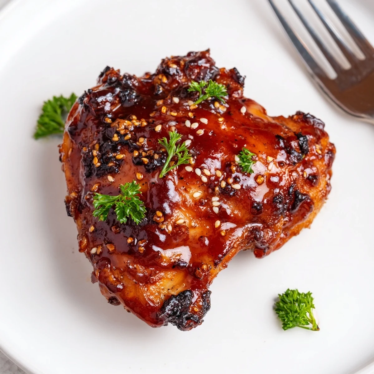 Caramelized BBQ Chicken Thighs in the Oven, sticky glaze glistening, fresh parsley